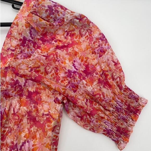 MAISON TARA Dress Size 12 Pink Floral Chiffon Square Neck Midi Maxi Cottage - Picture 4 of 9